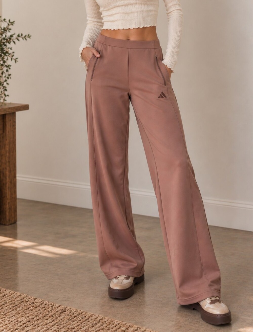adidas Womens Track Pants High Waist Wide Leg Dusty Rose XS Gorpcore Soft Girl